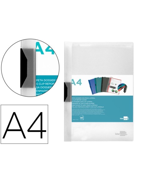 CARPETA LIDERPAPEL DOSSIER PINZA LATERAL POLIPROPILENO DIN A4 TRANSPARENTE 60 HOJAS PINZA DESLIZANTE