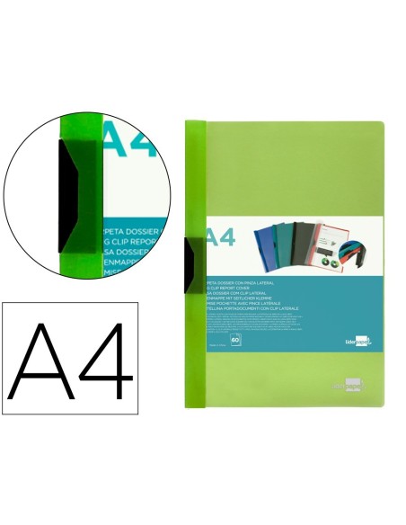 CARPETA LIDERPAPEL DOSSIER PINZA LATERAL POLIPROPILENO DIN A4 VERDE TRANSLUCIDO 60 HOJAS PINZA DESLIZANTE