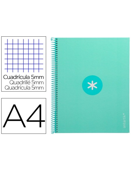 CUADERNO ESPIRAL LIDERPAPEL A4 MICRO ANTARTIK TAPA FORRADA 80H 90 GR CUADRO 5MM 1 BANDA 4 TALADROS MENTA