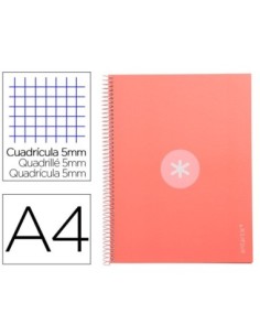 CUADERNO ESPIRAL LIDERPAPEL A4 MICRO ANTARTIK TAPA FORRADA 80H 90 GR CUADRO 5MM 1 BANDA 4 TALADROS ROSA CLARO