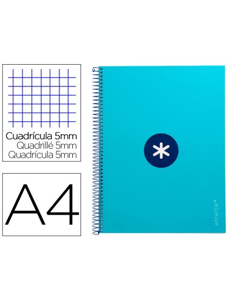CUADERNO ESPIRAL LIDERPAPEL A4 MICRO ANTARTIK TAPA FORRADA 80H 90 GR CUADRO 5MM 1 BANDA 4 TALADROS TURQUESA
