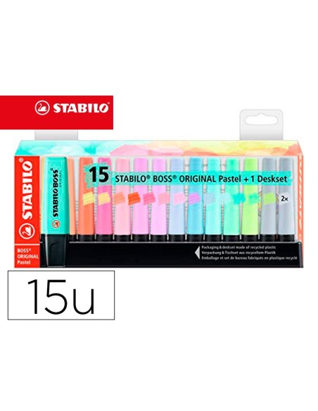 ROTULADOR STABILO BOSS FLUORESCENTE 70 PASTEL DESKSET ESTUCHE DE 15 UNIDADES COLORES SURTIDOS