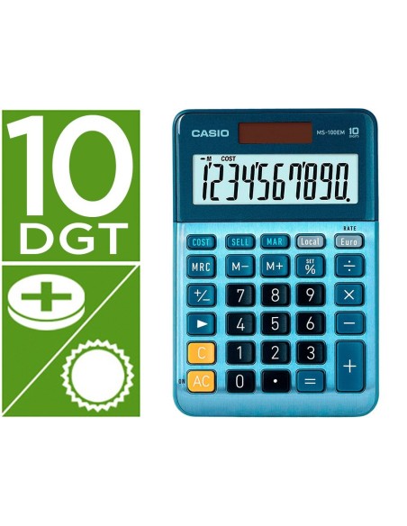 CALCULADORA CASIO MS-100EM SOBREMESA 10 DIGITOS TX +/- TECLA DOBLE CERO COLOR AZUL