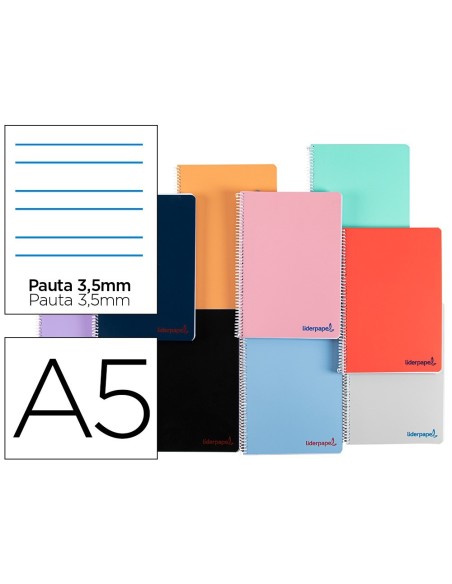 CUADERNO ESPIRAL LIDERPAPEL A5 WONDER TAPA PLASTICO 80H 90G PAUTA 3,5MM CON MARGEN COLORES SURTIDOS
