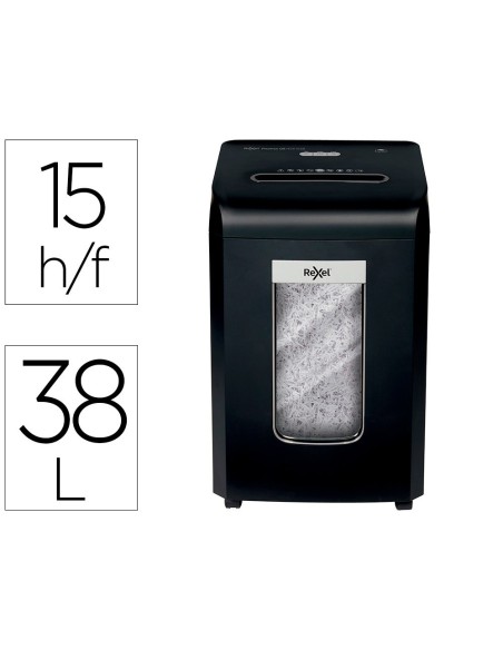 DESTRUCTORA DE DOCUMENTOS REXEL PROMAX QS RSX1538 CAPACIDAD 15 HOJAS PARTICULAS DESTRUYE GRAPAS CLIPS Y