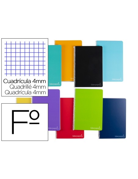 CUADERNO ESPIRAL LIDERPAPEL FOLIO WITTY TAPA DURA 140 H 75GR CUADRO 4MM CON MARGEN COLORES SURTIDOS