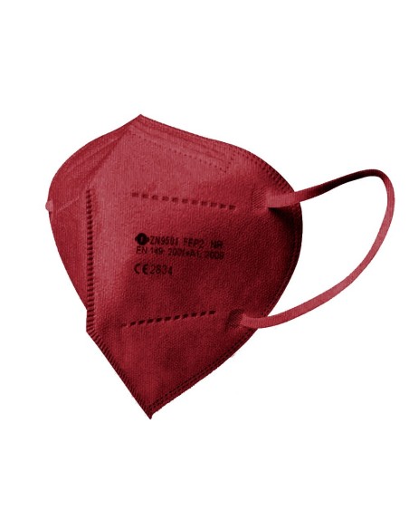 MASCARILLA FACIAL FFP2 AUTOFILTRANTE CERTIFICADO CE CON AJUSTE NASAL EMBOLSADA INDIVIDUALMENTE COLOR BURDEOS