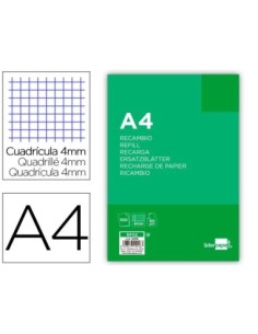 RECAMBIO LIDERPAPEL A4 100 HOJAS 60G/M2 CUADRO 4MM CON MARGEN SIN TALADROS