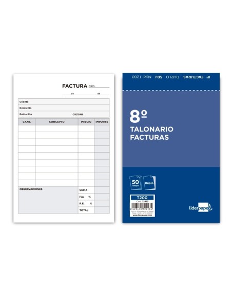 TALONARIO LIDERPAPEL FACTURAS 8. ORIGINAL Y COPIA T200 CON I.V.A
