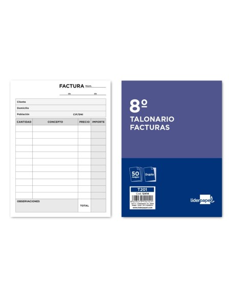TALONARIO LIDERPAPEL FACTURAS 8. ORIGINAL Y COPIA T201 SIN I.V.A.