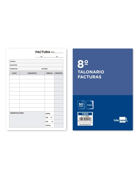 TALONARIO LIDERPAPEL FACTURAS 8. ORIGINAL Y 2 COPIAS T300 CON I.V.A.