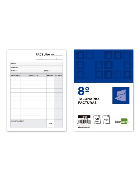 TALONARIO LIDERPAPEL FACTURAS 8. ORIGINAL Y 2 COPIAS T301 SIN I.V.A.