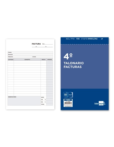 TALONARIO LIDERPAPEL FACTURAS CUARTO ORIGINAL Y COPIA T216 CON I.V.A.