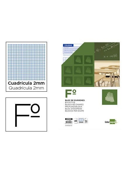 BLOC EXAMENES LIDERPAPEL CUADRO 2MM FOLIO 40 HOJAS 60G/M2