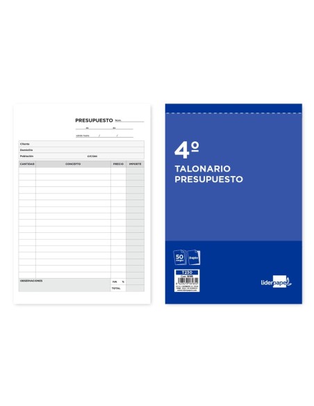 TALONARIO LIDERPAPEL PRESUPUESTO CUARTO ORIGINAL Y COPIA T230