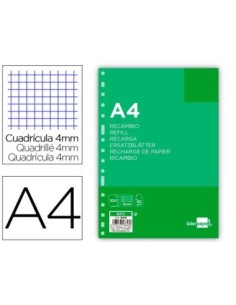 RECAMBIO LIDERPAPEL A4 100 HOJAS 60G/M2 CUADRO 4 MM CON MARGEN 16 TALADROS