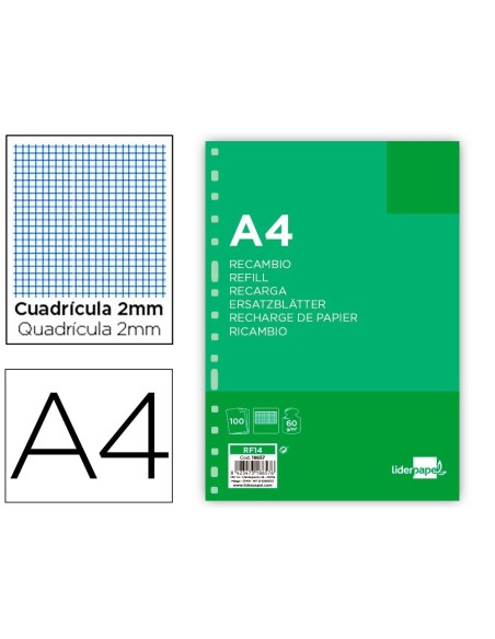 RECAMBIO LIDERPAPEL A4 100 HOJAS 60G/M2 MILIMETRADO SIN MARGEN 16 TALADROS