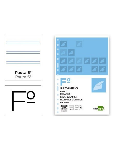 RECAMBIO LIDERPAPEL FOLIO 100 HOJAS 60G/M2 PAUTA 5a 2.5MM CON MARGEN 16 TALADROS