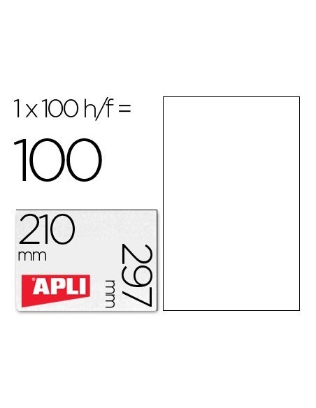 ETIQUETA ADHESIVA APLI 1281 TAMAÑO 210X297 MM FOTOCOPIADORA LASER INK-JET CAJA CON 100 HOJAS DIN A4