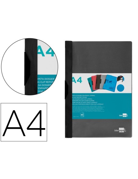 CARPETA LIDERPAPEL DOSSIER PINZA LATERAL 35365 POLIPROPILENO DIN A4 NEGRA 30 HOJAS PINZA DESLIZANTE