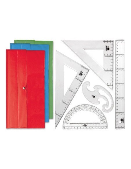 JUEGO ESCUADRA Y CARTABON 25CM REGLA 30CM SEMICIRCULO 15CM Y PLANTILLA DE CURVAS LIDERPAPELEN PETACA OPACA COLOR VERDE