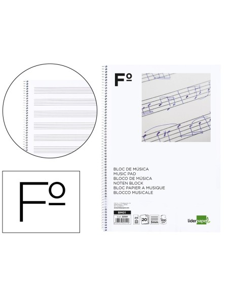 BLOC MUSICA LIDERPAPEL PENTAGRAMA 3MM FOLIO 20 HOJAS 100G/M2