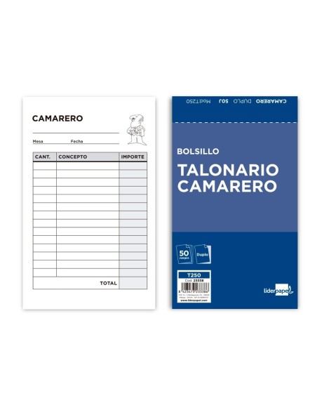 TALONARIO LIDERPAPEL CAMARERO BOLSILLO ORIGINAL Y COPIA T250