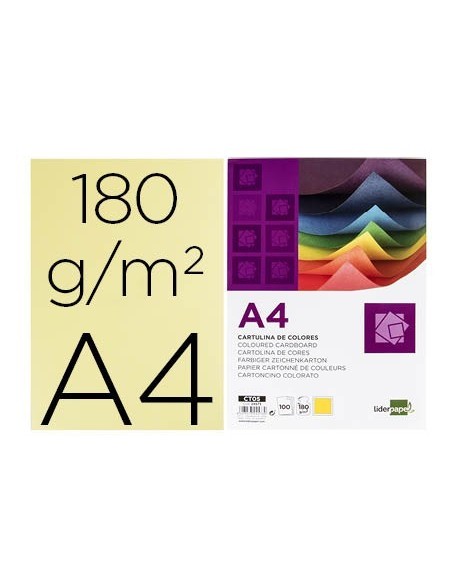CARTULINA LIDERPAPEL A4 180G/M2 AMARILLO PAQUETE DE 100 HOJAS