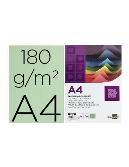 CARTULINA LIDERPAPEL A4 180G/M2 VERDE PAQUETE DE 100 HOJAS