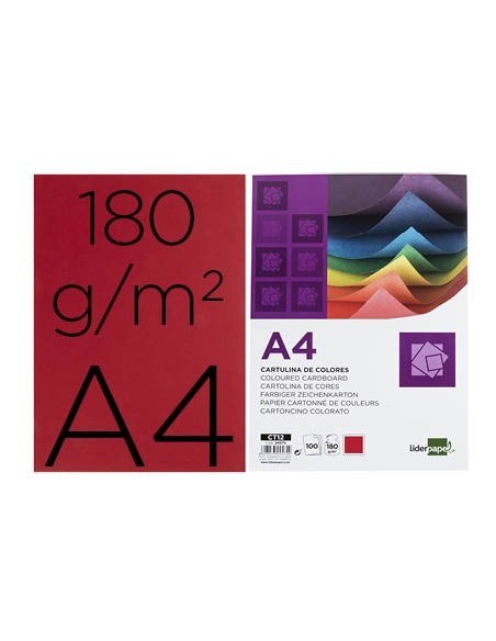 CARTULINA LIDERPAPEL A4 180G/M2 ROJO PAQUETE DE 100 HOJAS