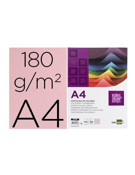 CARTULINA LIDERPAPEL A4 180G/M2 ROSA PAQUETE DE 100 HOJAS