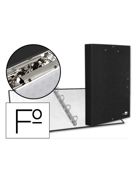 CARPETA DE 4 ANILLAS 25MM REDONDAS LIDERPAPEL FOLIO CARTON FORRADO PAPER COAT NEGRA CON MINICLIP Y SOLAPAS