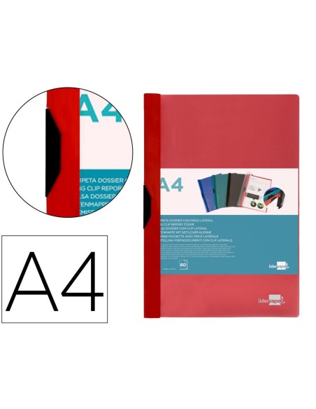 CARPETA LIDERPAPEL DOSSIER PINZA LATERAL 45320 POLIPROPILENO DIN A4 ROJO 60 HOJAS PINZA DESLIZANTE