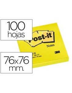 BLOC DE NOTAS ADHESIVAS QUITA Y PON POST-IT 76X76 MM AMARILLO NEON CON 100 HOJAS