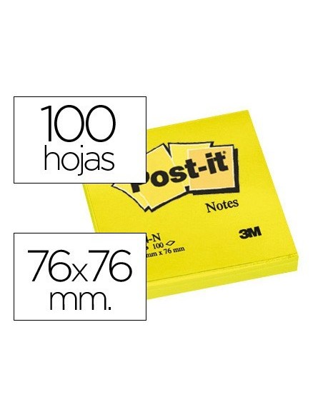 BLOC DE NOTAS ADHESIVAS QUITA Y PON POST-IT 76X76 MM AMARILLO NEON CON 100 HOJAS