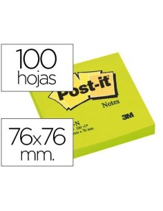 BLOC DE NOTAS ADHESIVAS QUITA Y PON POST-IT 76X76 MM VERDE NEON CON 100 HOJAS