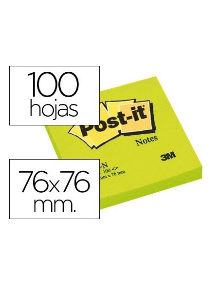 BLOC DE NOTAS ADHESIVAS QUITA Y PON POST-IT 76X76 MM VERDE NEON CON 100 HOJAS