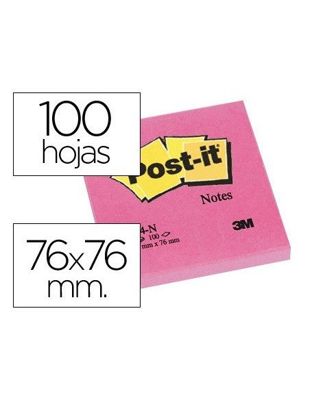 BLOC DE NOTAS ADHESIVAS QUITA Y PON POST-IT 76X76 MM FUCSIA NEON CON 100 HOJAS