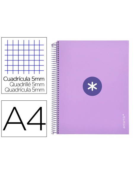 CUADERNO ESPIRAL LIDERPAPEL A4 MICRO ANTARTIK TAPA FORRADA120H 100 GR CUADRO 5MM 5 BANDA4 TALADROS COLOR LAVANDA