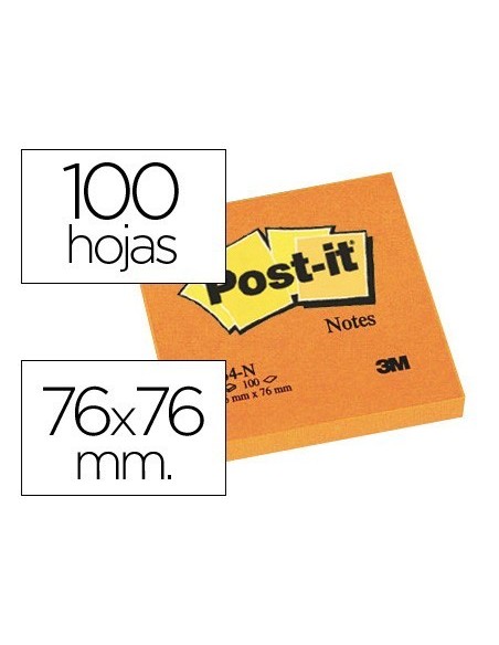BLOC DE NOTAS ADHESIVAS QUITA Y PON POST-IT 76X76 MM NARANJANEON CON 100 HOJAS