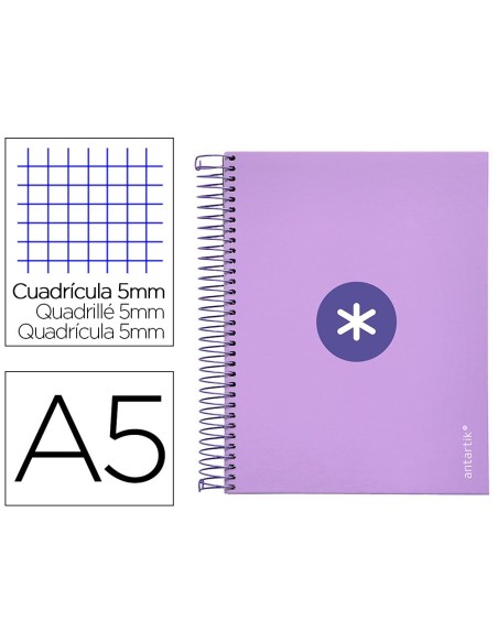 CUADERNO ESPIRAL LIDERPAPEL A5 MICRO ANTARTIK TAPA FORRADA120H 100 GR CUADRO 5MM 5 BANDA6 TALADROS COLOR LAVANDA