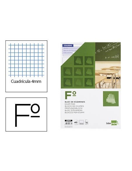 BLOC EXAMENES LIDERPAPEL CUADRO 4MM FOLIO 40 HOJAS 60G/M2