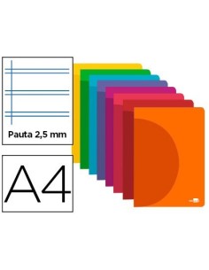 LIBRETA LIDERPAPEL 360 TAPA DE PLASTICO A4 48 HOJAS 90G/M2 PAUTA 5 2,5MM CON MARGEN COLORES SURTIDOS
