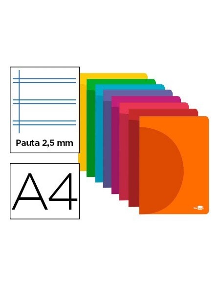 LIBRETA LIDERPAPEL 360 TAPA DE PLASTICO A4 48 HOJAS 90G/M2 PAUTA 5 2,5MM CON MARGEN COLORES SURTIDOS