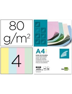 PAPEL COLOR LIDERPAPEL A4 80G/M2 4 COLORES SURTIDOS PAQUETE DE 100 HOJAS