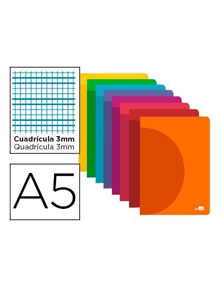 LIBRETA LIDERPAPEL 360 TAPA DE PLASTICO A5 48 HOJAS 90G/M2 CUADRO 3 MM CON MARGEN COLORES SURTIDOS
