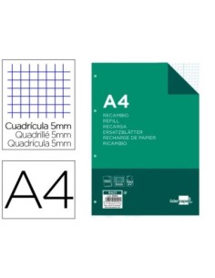 RECAMBIO LIDERPAPEL A4 100 HOJAS 100G/M2 CUADRO 5MM CON MARGEN 4 TALADROS