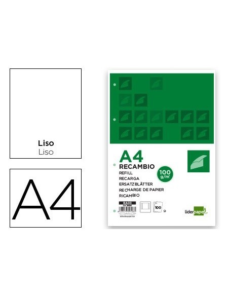 RECAMBIO LIDERPAPEL A4 100 HOJAS 100G/M2 LISO CON MARGEN 4 TALADROS
