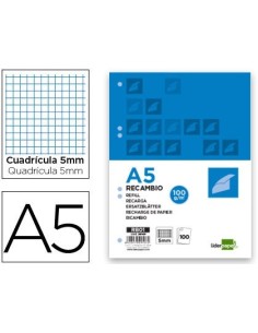 RECAMBIO LIDERPAPEL DIN A5 100 H 100G/M2 CUADRO 5MM CON MARGEN 6 TALADROS