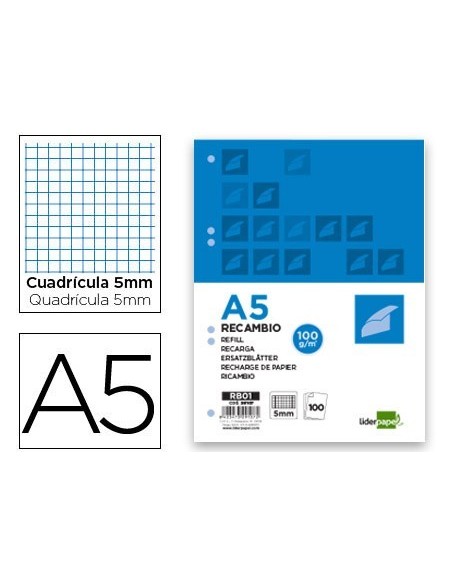 RECAMBIO LIDERPAPEL DIN A5 100 H 100G/M2 CUADRO 5MM CON MARGEN 6 TALADROS
